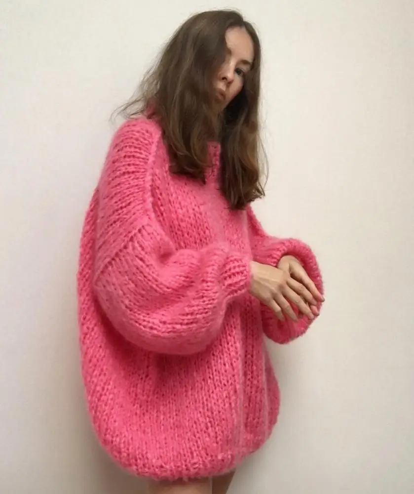 

Pure Hand Knit Mohair Lantern Sleeve Sweater Cardigan Coat Women, Customized color
