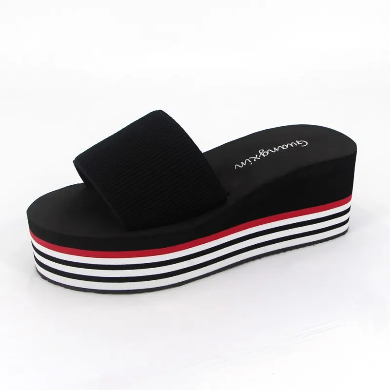 

2017 New design wedge heel women slippers stripe TPR sole, Pusha pink.black