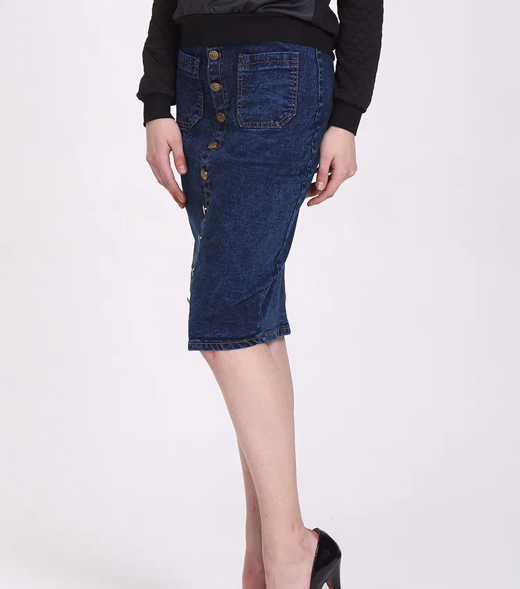 Custom Wholesale Womens Cheap Button Long Knee Length Denim Skirts