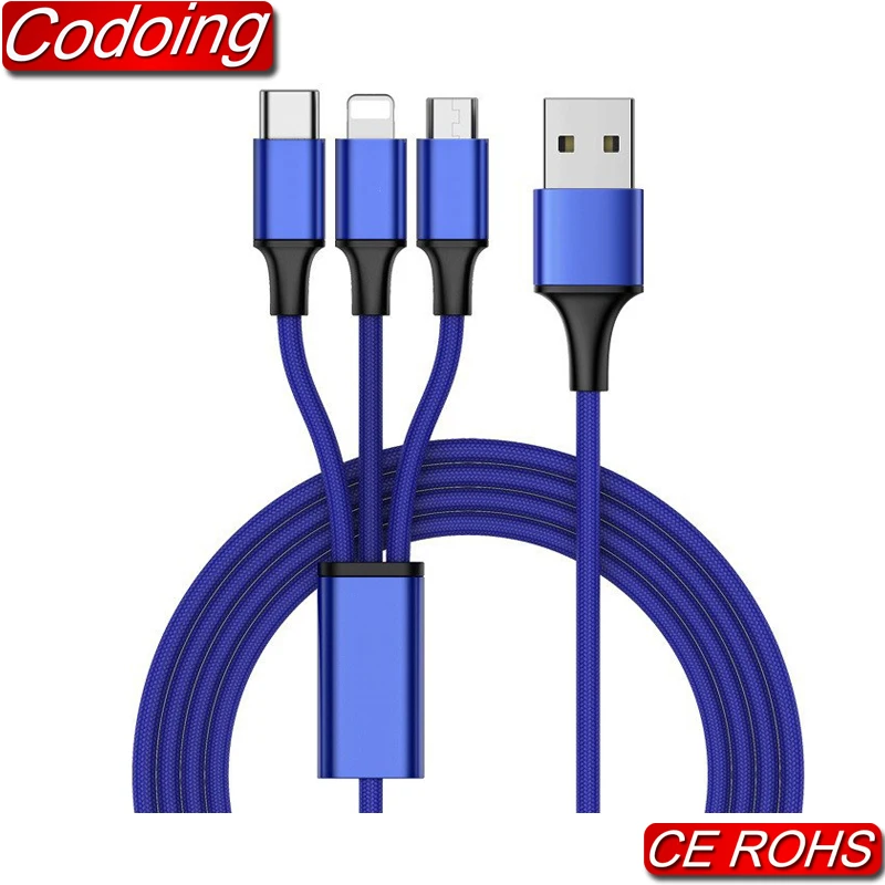 

nylon braided charger usb cable 3 in 1 fast charging usb data cable for iphone android, Rose gold;black;sliver