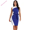 Summer 2018 Blue White Patchwork Belted turkey office women dresses