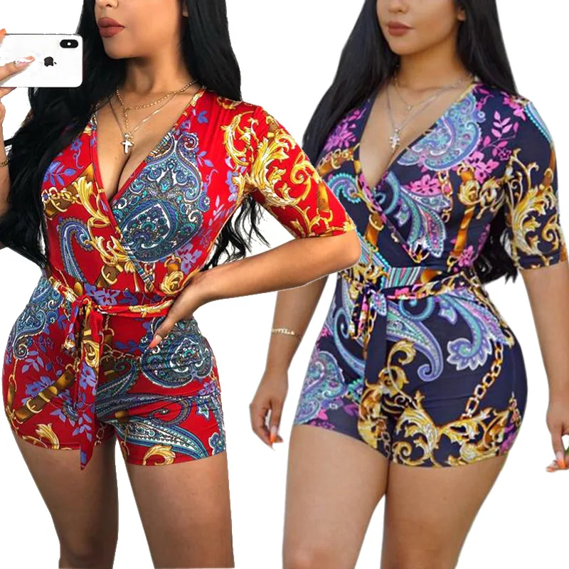 

2019 Top Selling Women's Jumpsuits Printed Deep V Jumpsuits With Short Sleeves