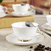 Gold rim plain white bone china coffee mug with saucer and stainless steel spoon ceramic hotel table ware water cup with handle