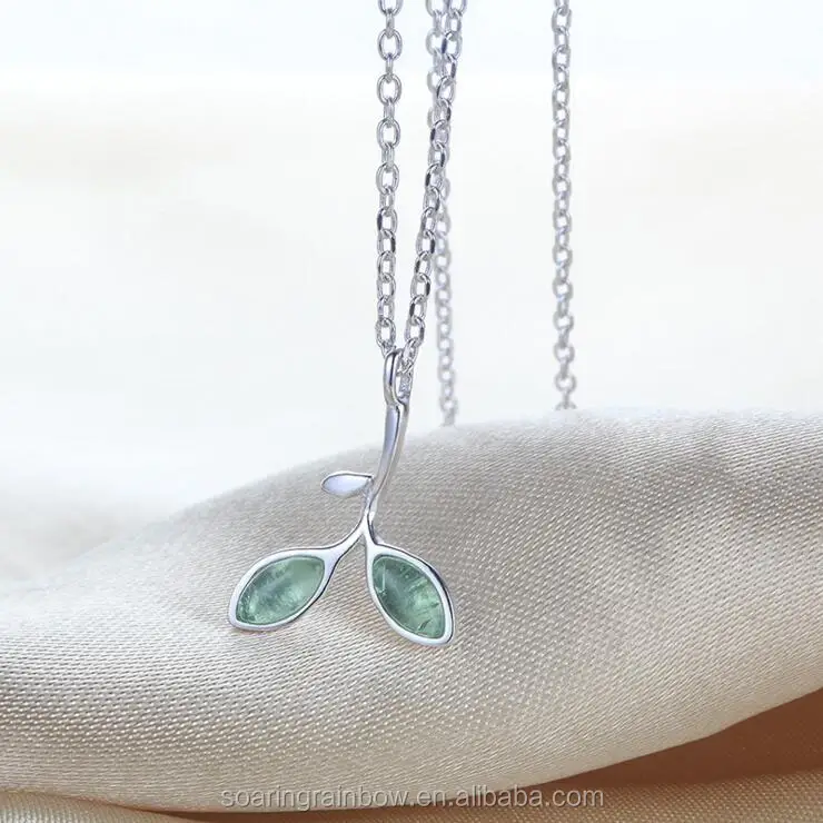 

925 sterling silver crystal green leaf pendant necklace for woman, As picture