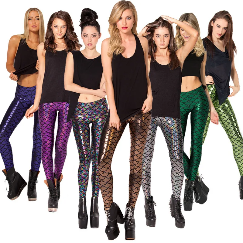 

Women sexy shiny pants stretch printed fish scale mermaid leggings