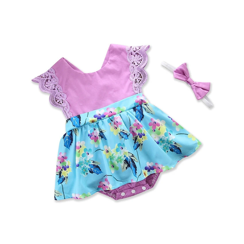 

Toddler Kids Girls Floral Rompers Dress Sundress Newborn Baby Dress Romper Clothes with Headband, As pictures