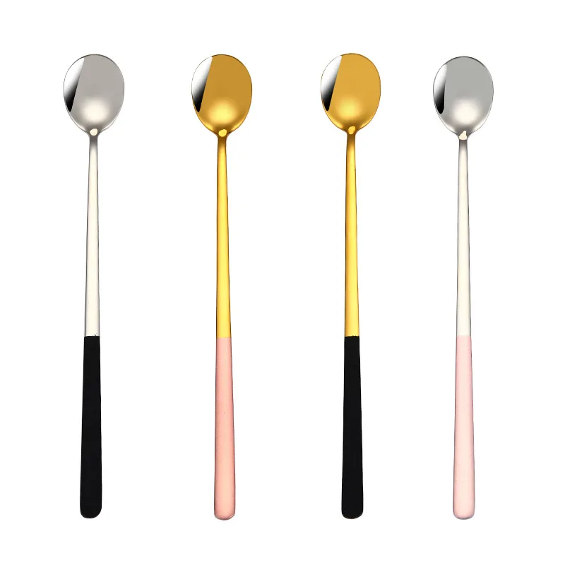 

304 Titanium Plating Stainless steel Long Coffee Ice Spoon, Gold, silver, black/gold, black/silver, pink/gold, pink/silver