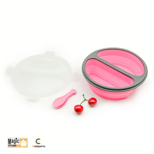 2-Compartment Round Collapsible Silicone Lunch Box Food Storage Container With Fork Spoon