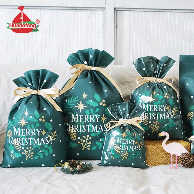 Non Woven Drawstring Gift Bag Green Color Christmas Tree Santa Sack Stocking Present