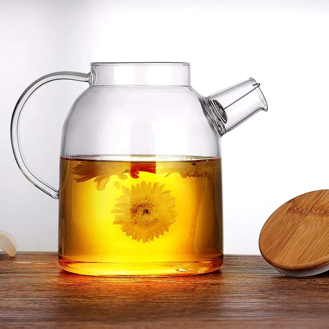 Glass Teapot Heat Resistant Tea Kettle with Bamboo Lid 1600ml 56oz