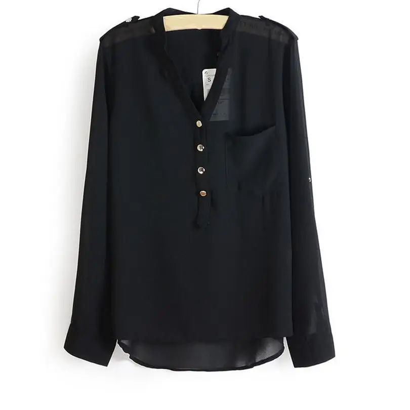 

Factory Direct Sale Chiffon Blouse Design Long Sleeve Sheer Tops Female V Neck Slim Shirts, White,black,blue