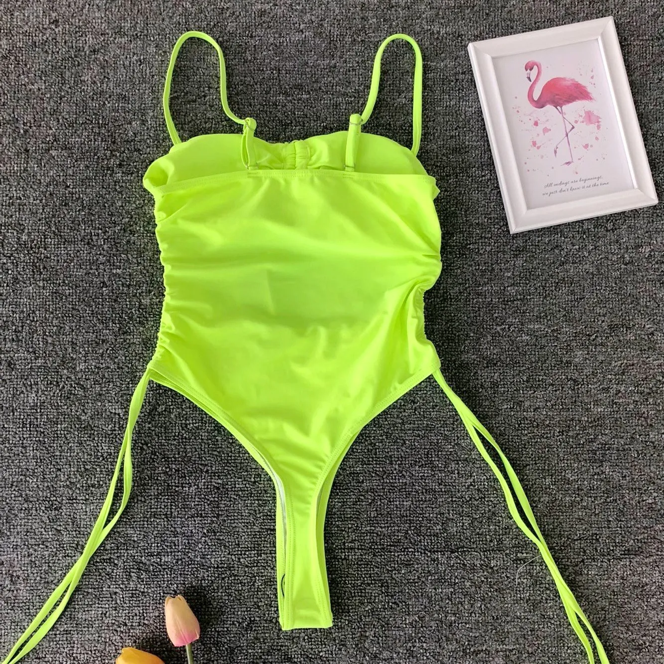 Neon Green One-piece Swimsuit Solid Color Strap Bikini - Buy Strap ...