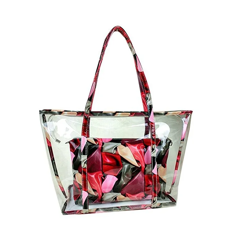 

2020 New Fashion PVC 2 in 1 Tote Bag Set For Ladies Transparent Plastics Flower Printing Hand Bag China Market, Black,brown,burgundy,green,and customized color