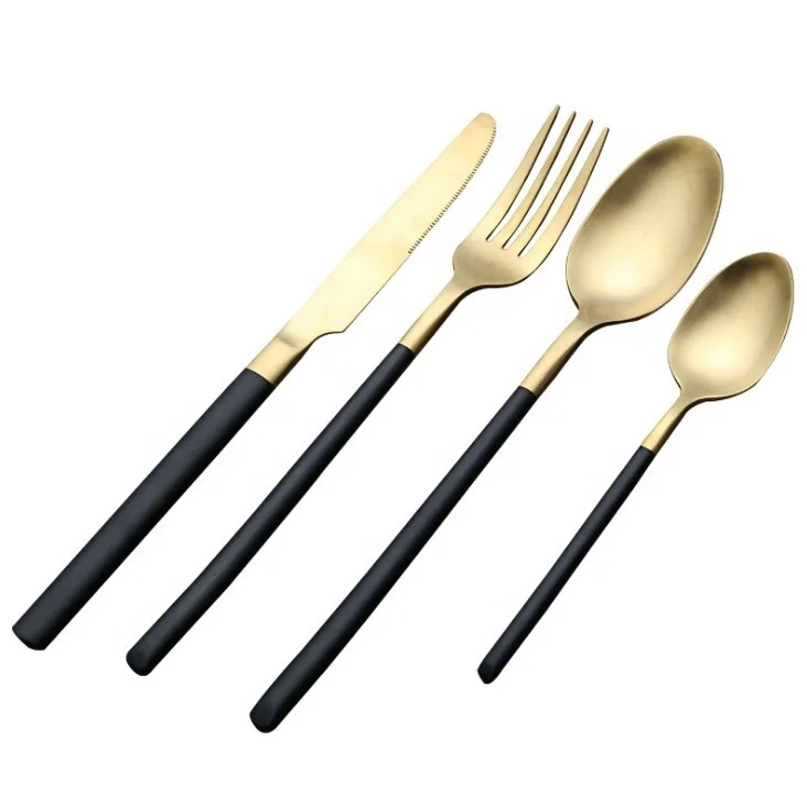 

Titanium plated matte black and gold cutlery set stainless steel silverware flatware set for wedding party hotel restaurant, Black with gold