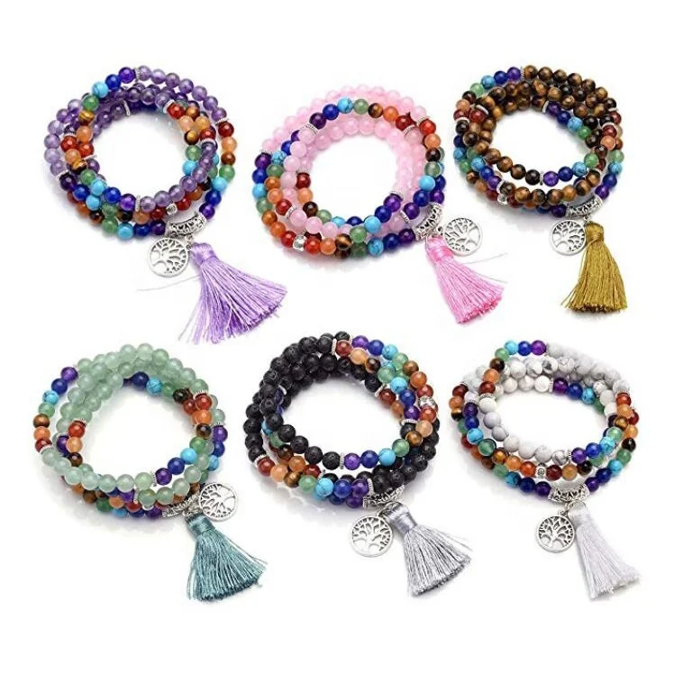 

7 Chakra Mala Prayer Beads with Tree of Life Tassel Charm 108 Meditation Healing Multilayer Bracelet Necklace, 100% natural