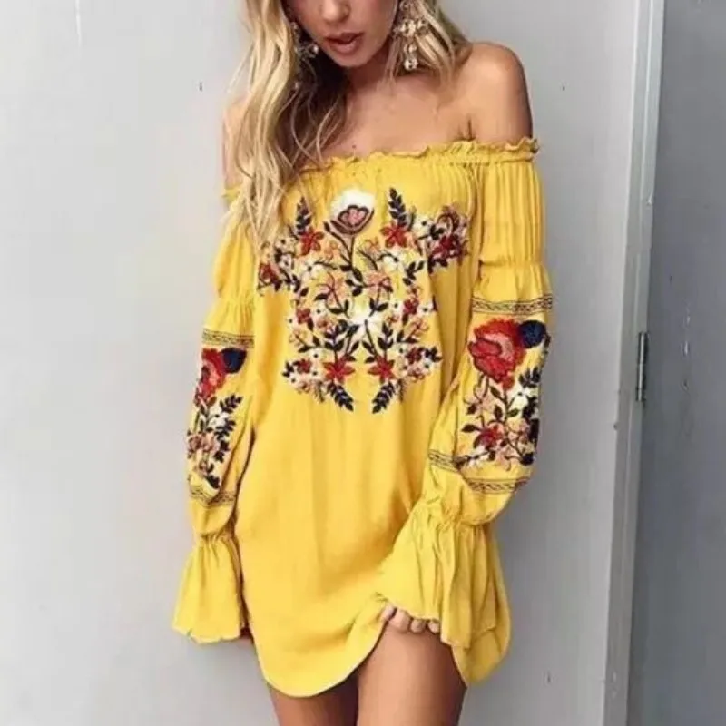 

YSMARKET Hot Sexy Slash Neck Flower Embroidery Women Mini Dress Causal Loose Clubwear Beach Long Sleeve Party Dresses Summer, Can be customized