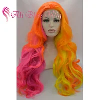 

22 Inch Fashion Long Wavy Heat Resistant Ombre Orange Rose Yellow Cosplay Synthetic Lace Front Wig for Young Pretty Girl