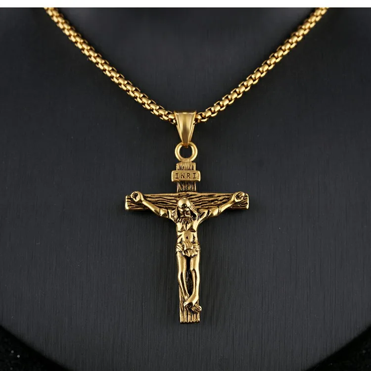 Stainless Steel Gold Plated Religious Cross Necklace Jesus Christian