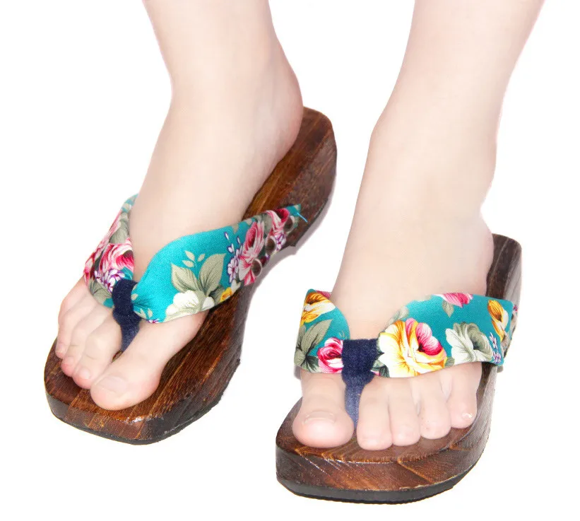 

2017 Women's Clogs Japanese Geta Wooden Flip Flops Floral Sandals Slippers Shoes