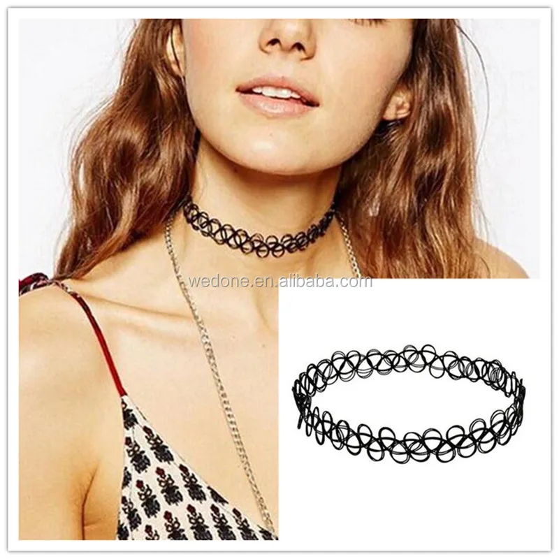 

Black Gothic Stretch Elastic Double Line Henna Tattoo Choker Necklace