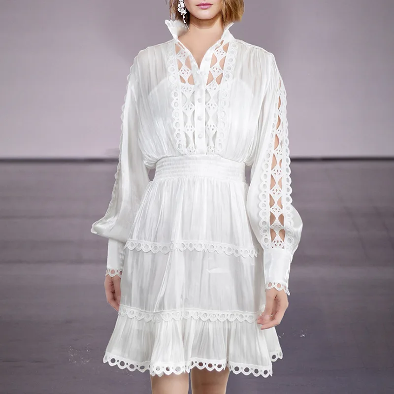 Elegant Dress Female Lantern Long Sleeve Hollow Out Stand Collar Patchwork Lace Women's Dresses Autumn Fashion