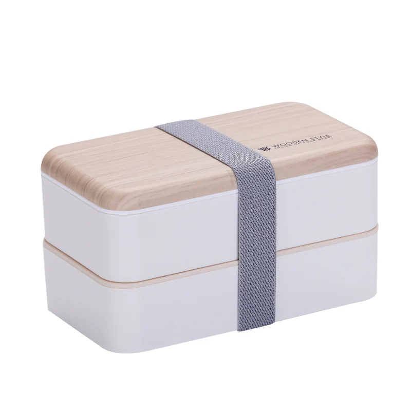 Classic wooden like style 2 layer Rectangle Plastic bento box lunch box leakproof with band fork spoon