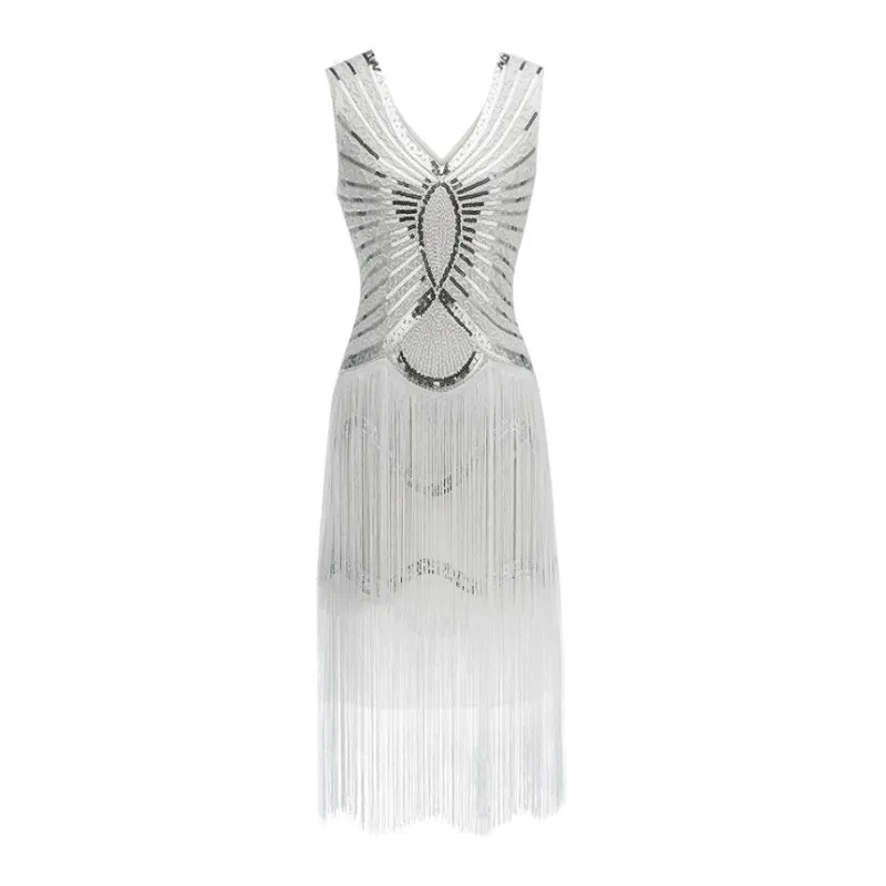 

1920s Gatsby Charleston Sequin Bead Fringe Flapper Dresses Vestido Robe Double V-Neck Sleeveless Tiered Tassel Party Dress Y1058