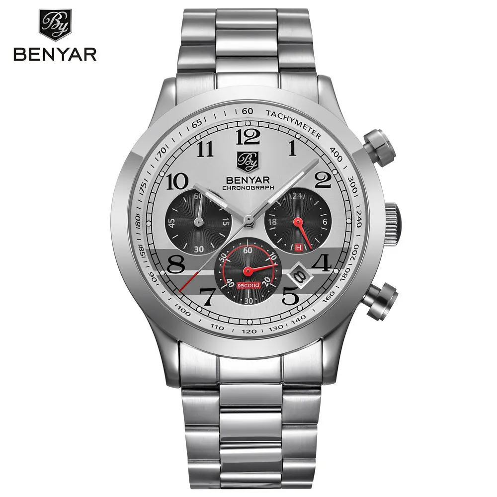 

Benyar BY-5107M First Class Quality Luxury Stainless Steel Material Auto Date Chronograph Business Style Watch For Man, 3 colors for choose