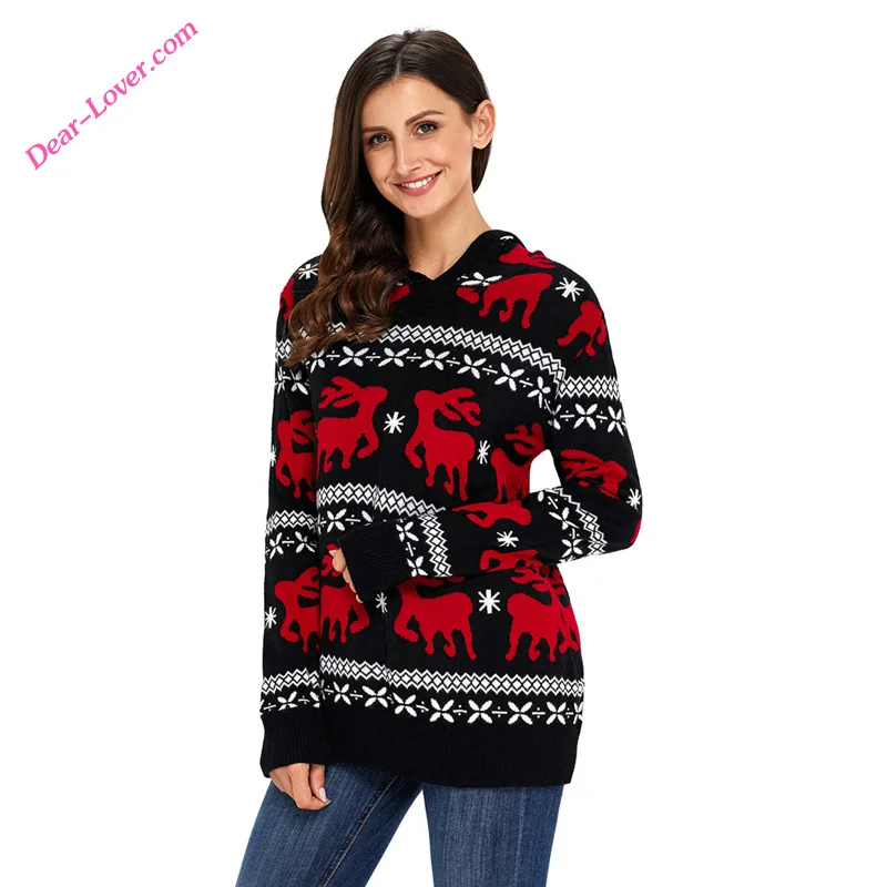 

Wholesale Black Knit Hooded Christmas Sweaters with Deer