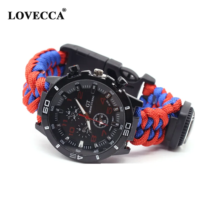 

NP-13 new design survival tactical watch paracord bracelet with fire starter/compass/fishing tools/whistle/thermometer