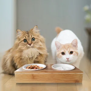 Image of Amazon Hot Sale Ceramic Bowl Pet Dog Bamboo Wooden Elevated Stand Feeder Cat Bowls Dining Table with Double Cat Bowls