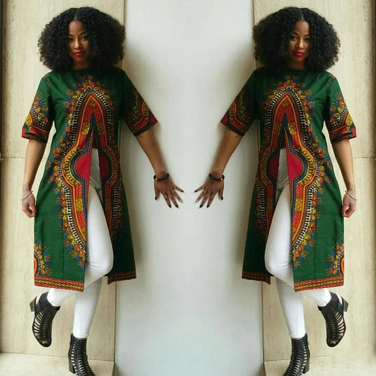 

Feelingirl Wholesale African National Style Print Round Neck Sleeves Split Dress For Women