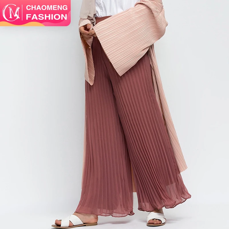 

9012# 2019 New Arrival Muslim Wide-legged Trousers pleated chiffon pants with Lining Material, Red brown/black