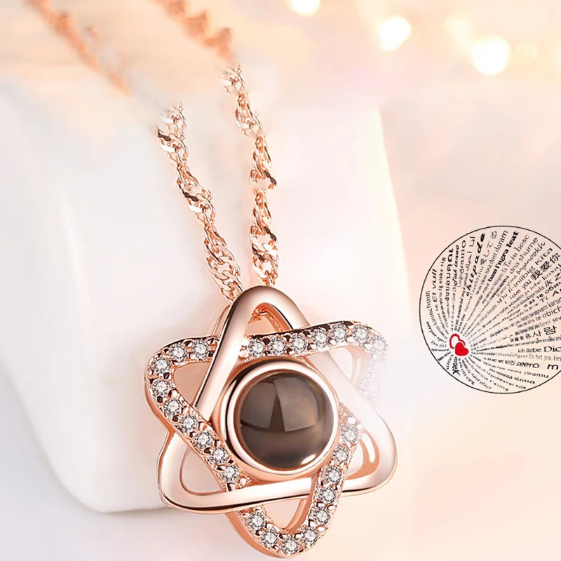 

Valentine's Day Girl 2019 New 100 Language Projection I Love You Pendant Forever Silver Necklace, Silver;rose gold