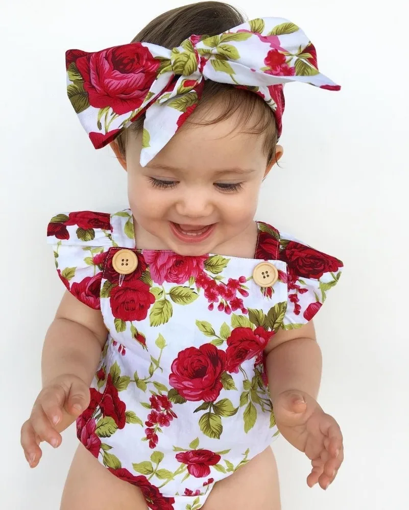 GC138A nice floral printed newborn infants baby romper with headband