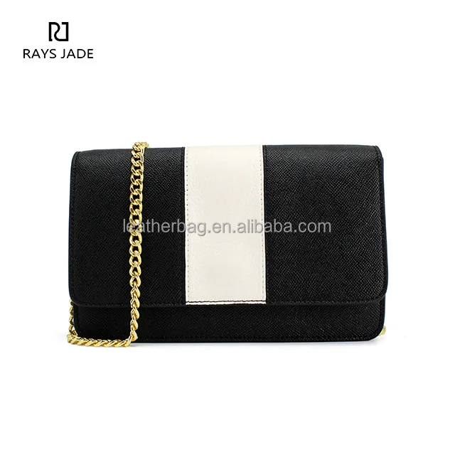

China supplier wholesale prices luxury designer fashion white stripe black leather chain bag clutch bags women handbag, Black and white