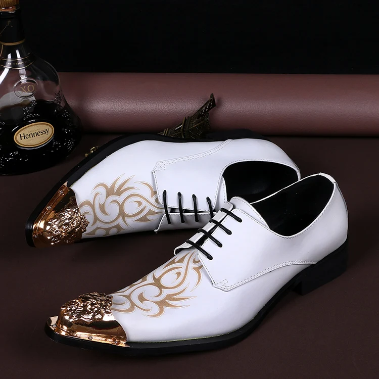 
NA045 Fashion Print Men Formal Shoes White Genuine Leather Metal Pointed Toe Dress Shoes Business Party Shoes Plus Size 