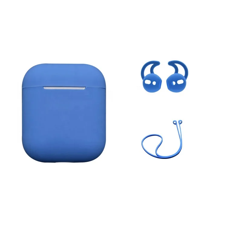 

3 in 1 Case Cover Shockproof Silicone Case With Earhook Anti- lose Strap For Air pods Apple Earphone, Blue