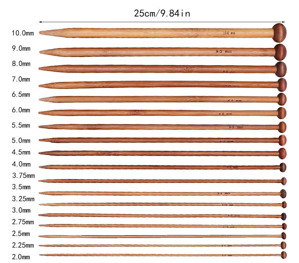 25cm 18 Pairs/set Single Point Knitting Needles Bamboo Knitting Needles