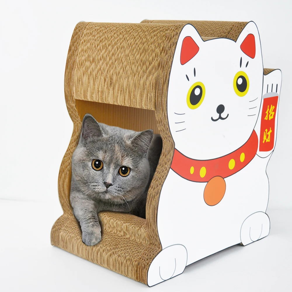 

icle-IC-0021-Lucky cat New Design Eco-friendly Stand 3D-Shaped Recycle Corrugated Paper Cardboard Cat Paws Scratcher Lounge, White