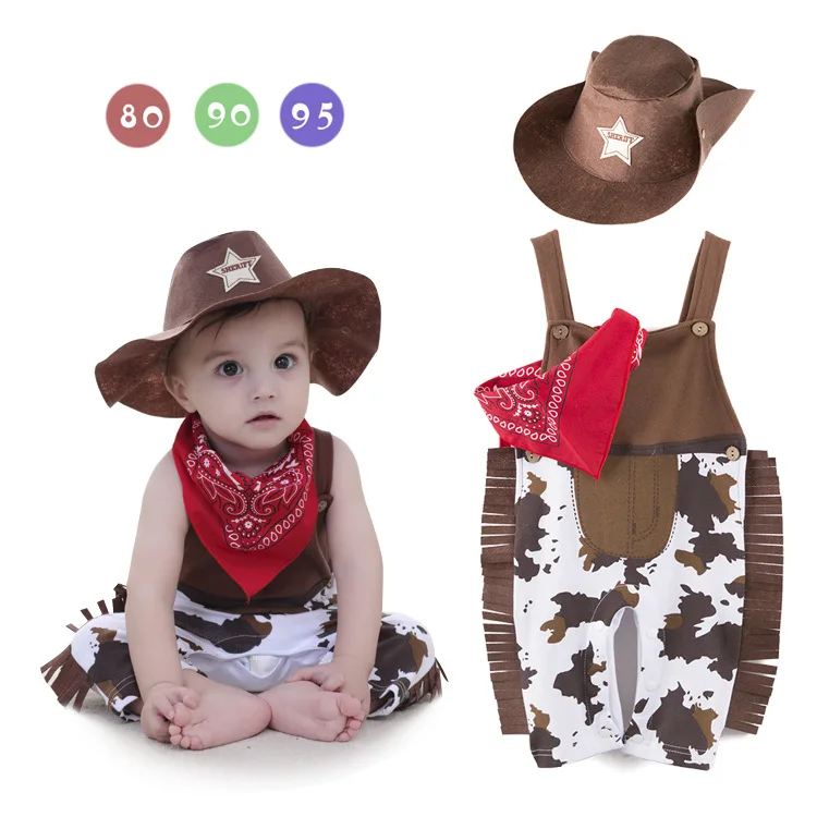 

China Wholesale Fashion Cowboy Baby Knitted Romper With Scarf And Hat, As picture