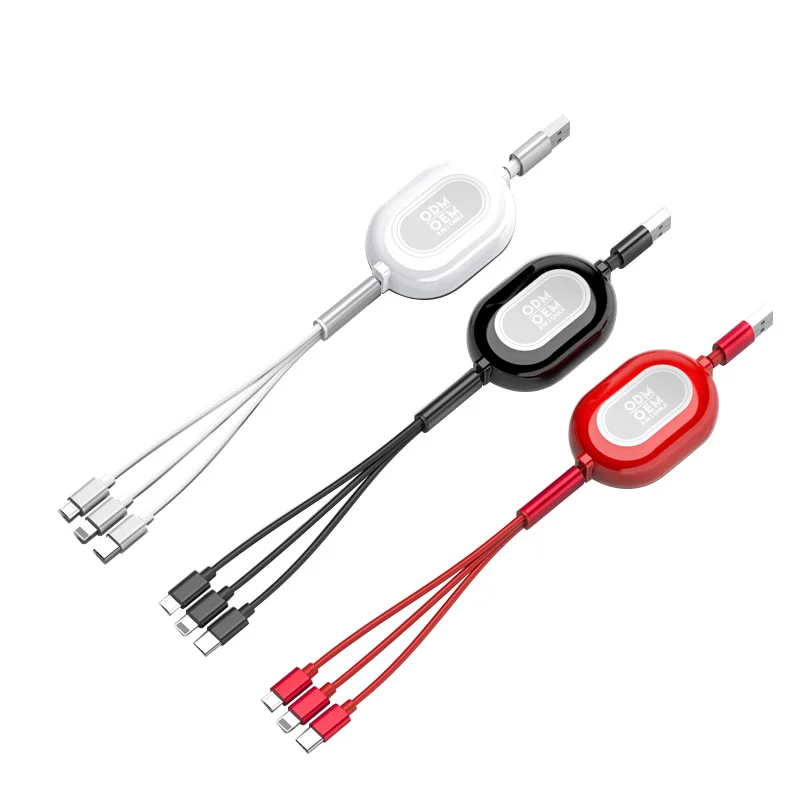 

Custom logo usb 3 In 1 Retractable usb cable multiple adapters TPE charging cable, Red;black;white