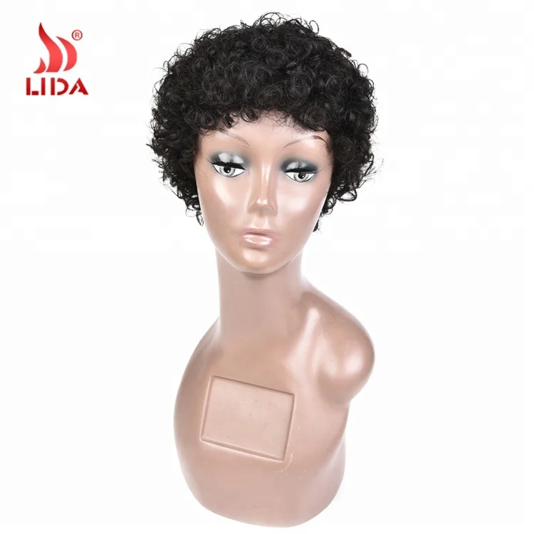 
Lida short kinky curly afro pixie beauty wig 1B# 6377 peruvian wig 