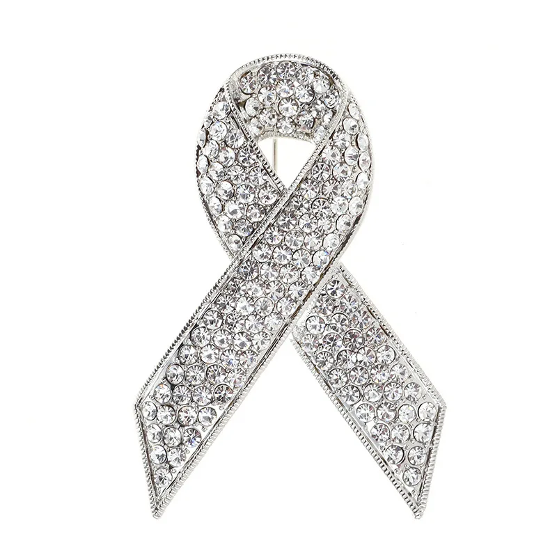 

2020 Gift Coat Pin Fashion Metal Rhinestone Jewelry Alloy Women Cancer Awareness Ribbon Brooch, White,black