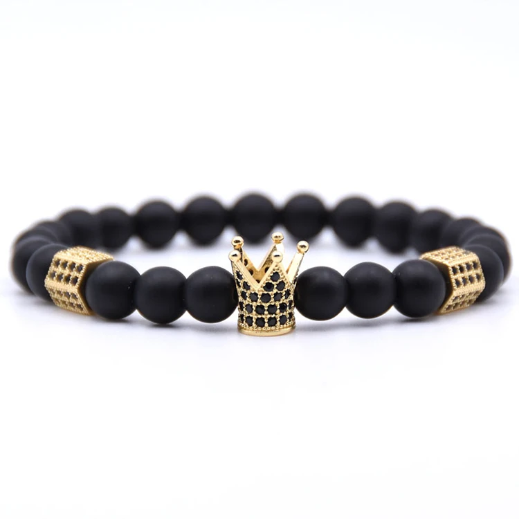 

2019 Trendy 8MM Black Lava Stone Beads Bracelet Crown Bracelet For Women Men Bangles Jewelry (KB8026), As picture