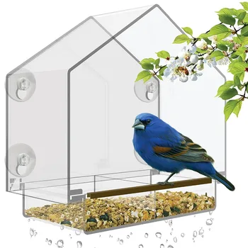 Window Bird Feeder With High Pitched Roof Removable Sliding Tray