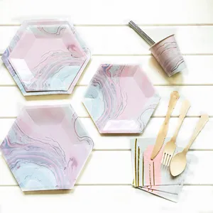 Image of 7 inch and 9 inch Hexagon Water Ink Elegant Disposable Paper Plates for Wedding, Birthday, Baby Shower Party