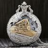 Vintage Silver Charming Gold Train Carved Openable Hollow Steampunk Quartz Pocket Watch