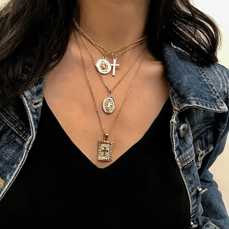 

Vintage Portrait Coin Pendant Necklace Religious Jesus Virgin Mary Cross Charm Multilayer Chain Necklace for Women (KNK5063), Silver, gold