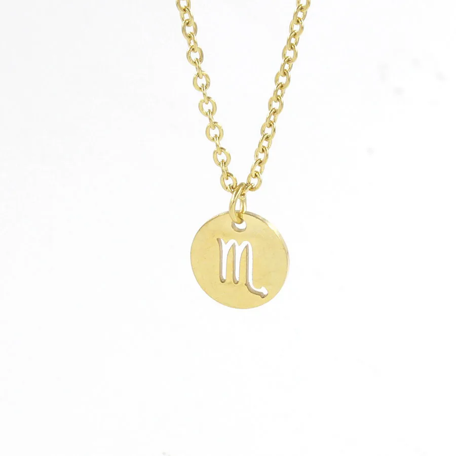 

Gold Round 12 Style Cut Out Zodiac Sings Stainless Steel Pendant Necklace